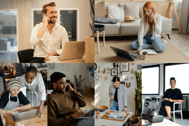 Emprendedores y dueños de negocio trabajando de forma remota y presencial, representando clientes que buscan mejorar eficiencia y rentabilidad.