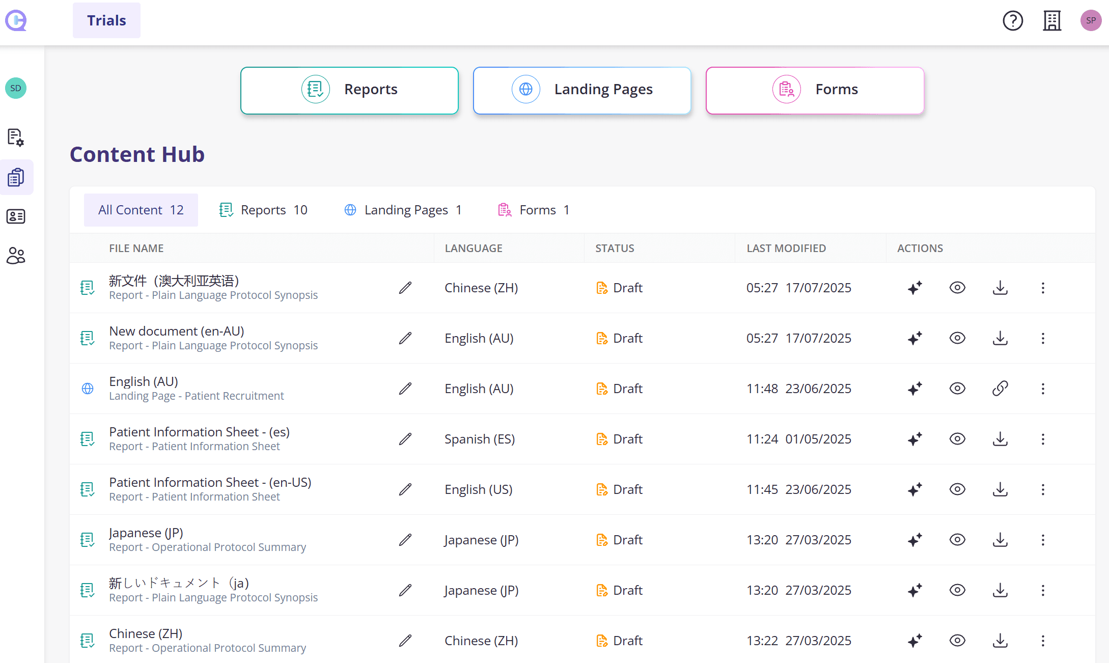 Screenshot of Clinials Content Hub dashboard featuring Plaing Language Protocol Synopsis, Operational Protocol, Landing pages, and screening forms