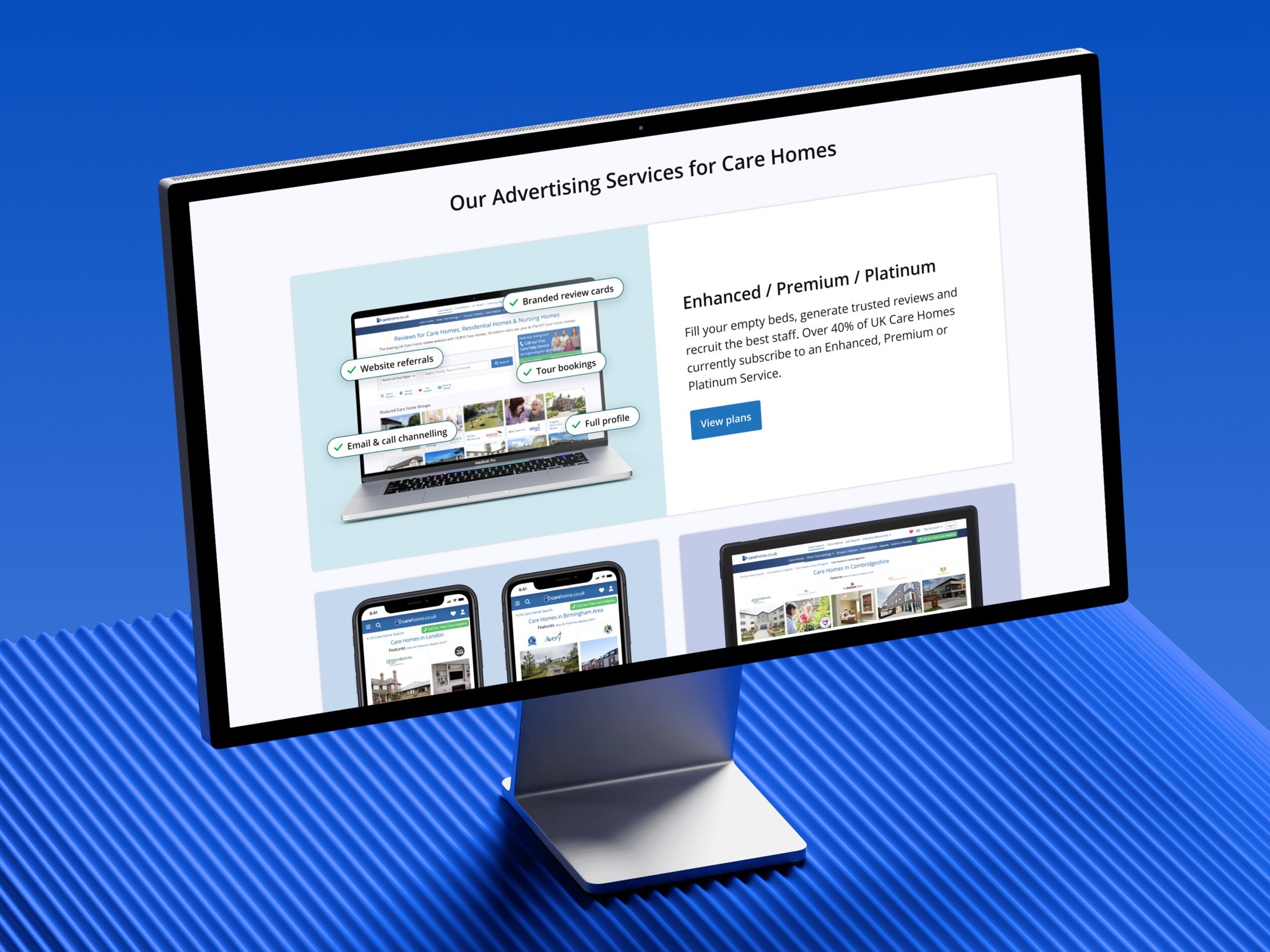 Advertising services page for care homes on a desktop screen, with the tier names and previews of a listing on desktop and phone
