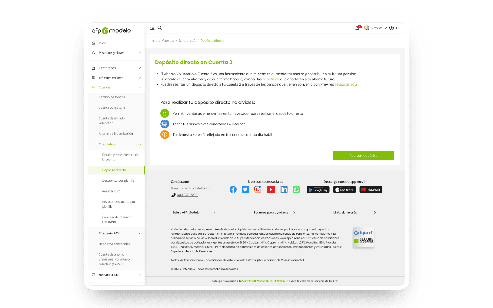 AFP Modelo Depósito directo en Cuenta 2 page with step-by-step deposit instructions