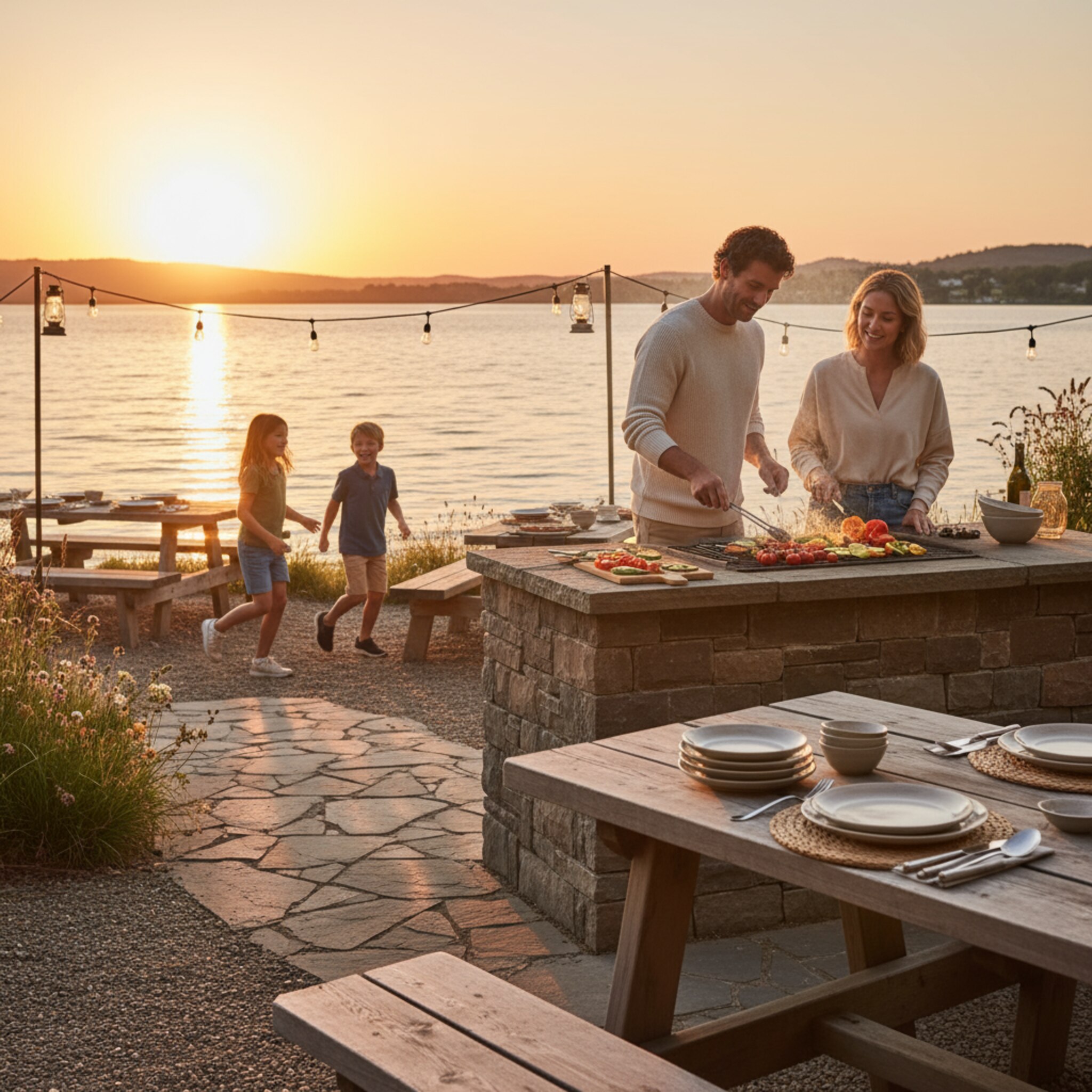 Die Abendsonne färbt die Grillplätze warm, leises Klirren von Besteck liegt in der Luft. Ein Paar legt Gemüse auf den Rost, dünner Rauch steigt auf. Kinder spielen Fangen zwischen Holzbänken. Über dem See glitzern letzte Lichtpunkte, Laternen entlang des Weges beginnen zu leuchten.