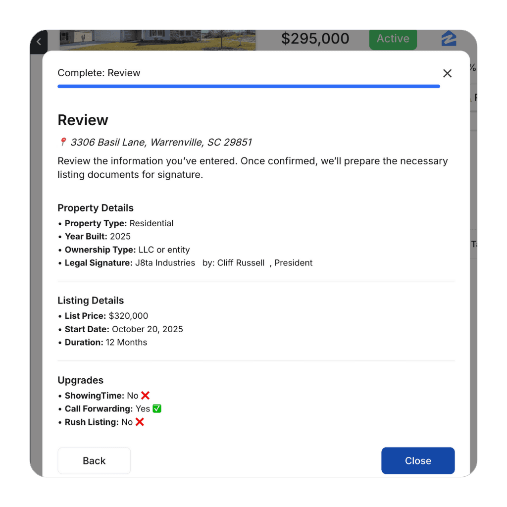 Automated document assignment showing pre-filled forms and seller email notifications.