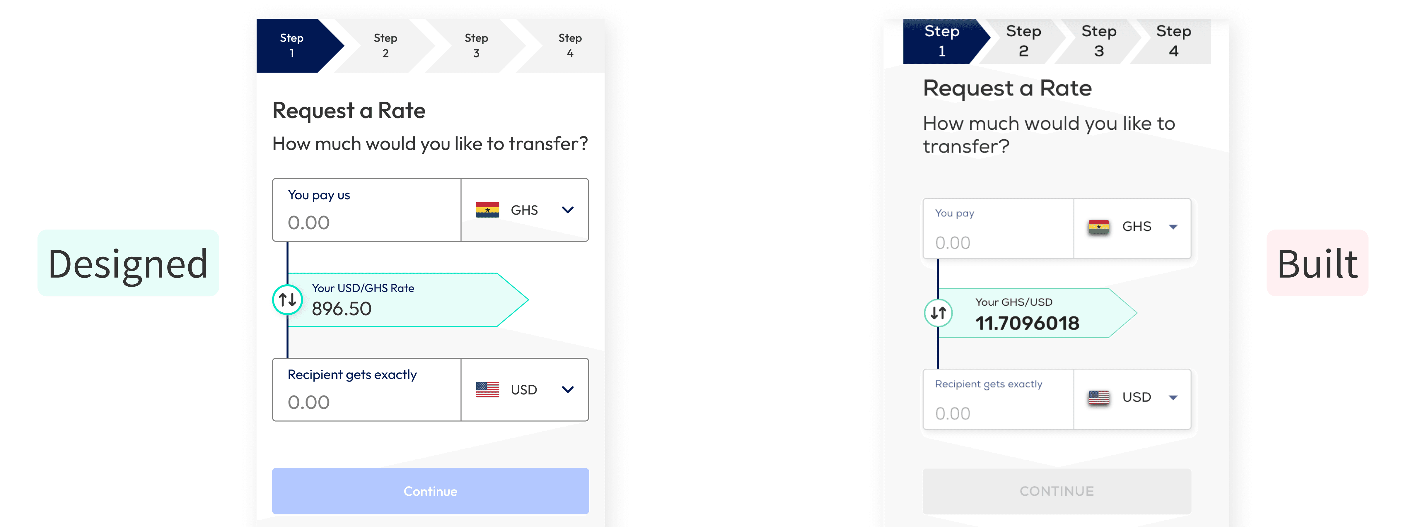 Two screenshots, one the left, what was designed. On the right, what was built.