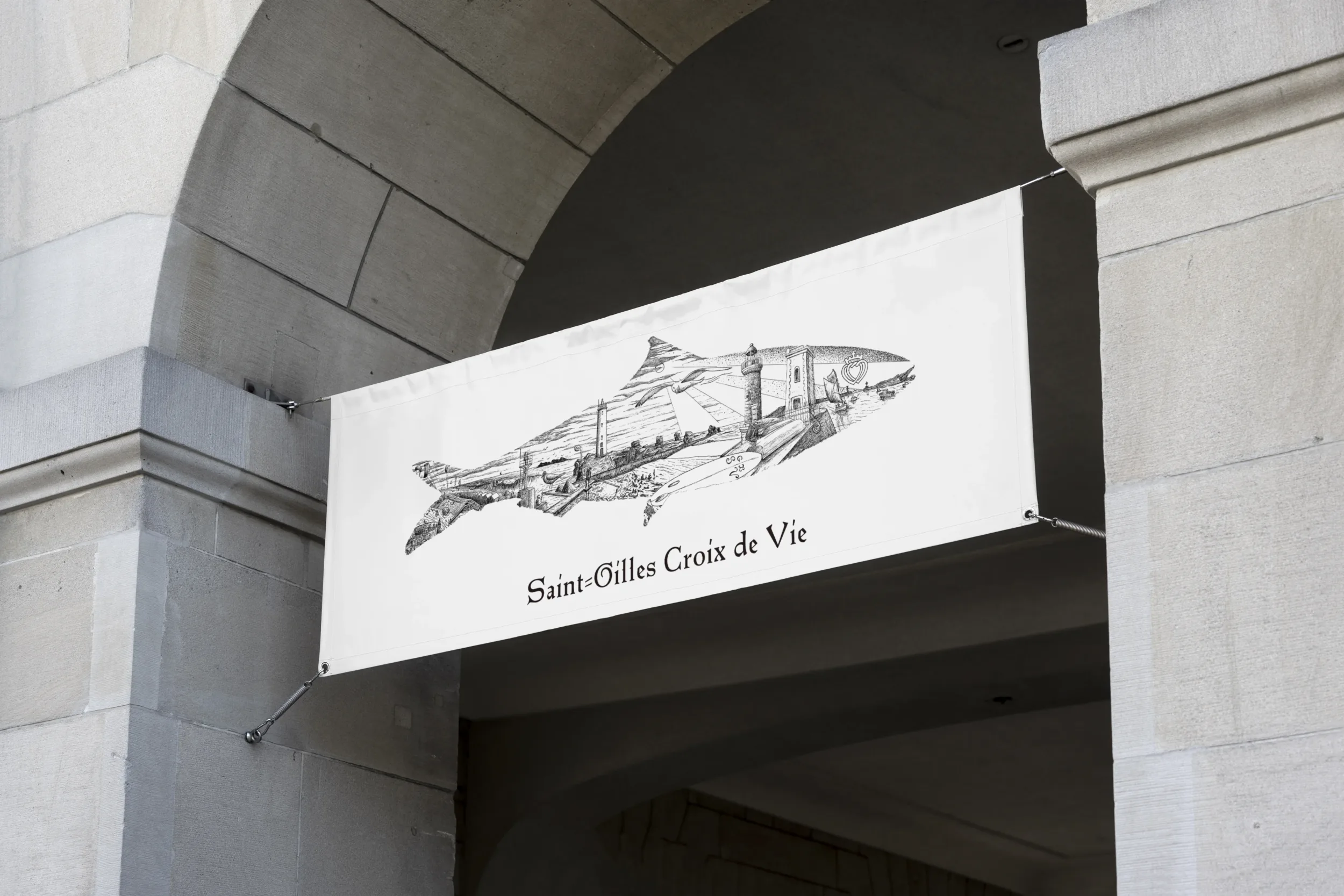 Sardine de Saint-Gilles Croix de Vie, illustration à l'encre noire du patrimoine Vendéen, banderole géante