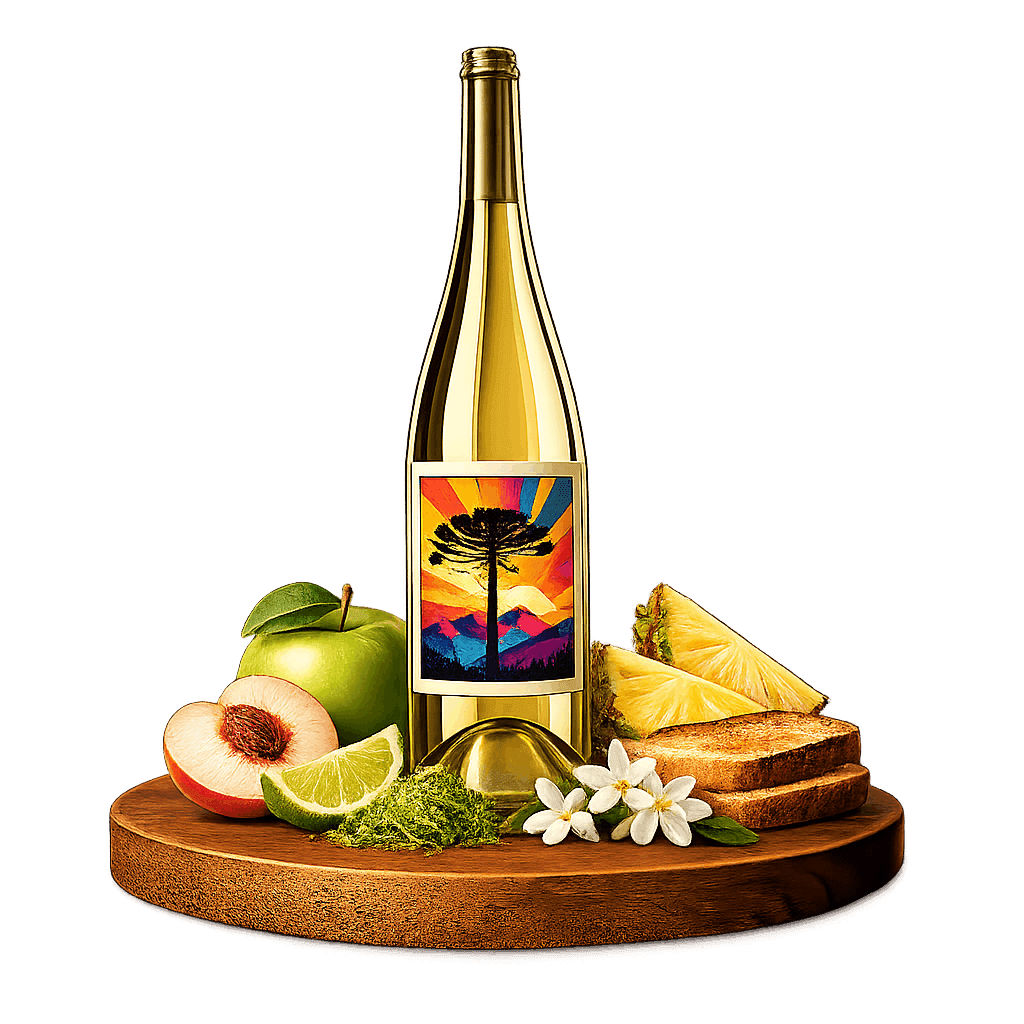 Artistic label and flavor profile for Serra Gaúcha Sparkling Wine on a rustic wooden table.
