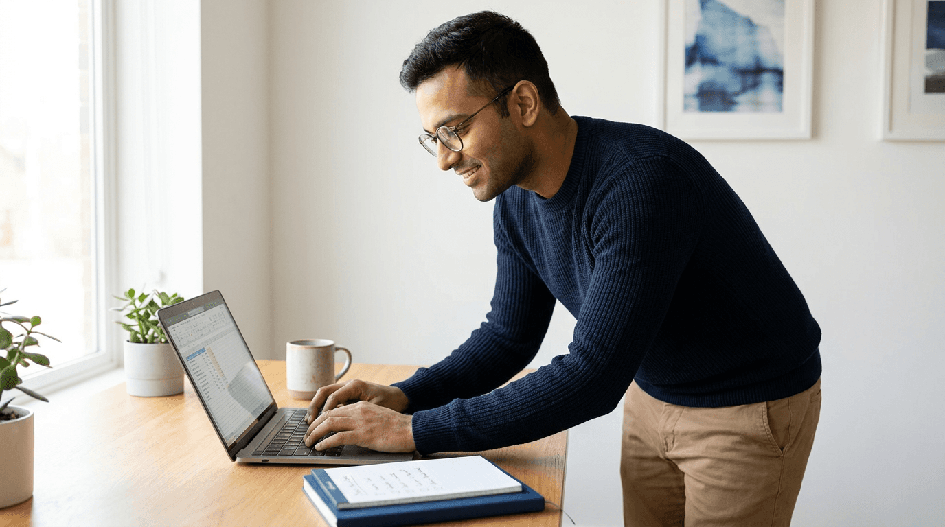 A young professional reviews finances on a laptop at a bright, minimalist home office desk with a notepad checklist visible, lit by warm natural window light and a clean blurred background.