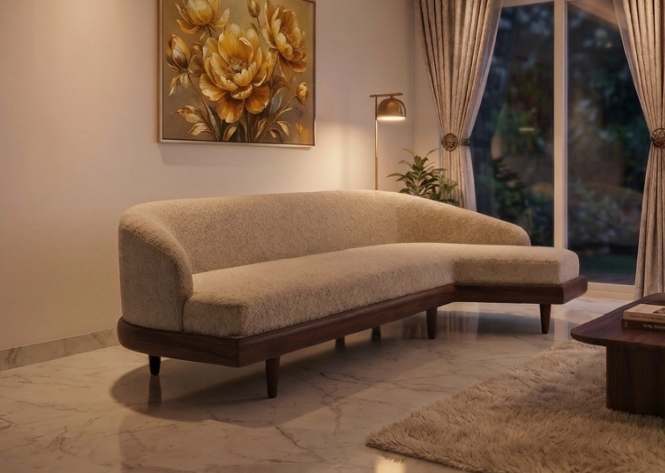 Three‑seater upholstered sofa with curved backrest, chaise extension, and wooden base