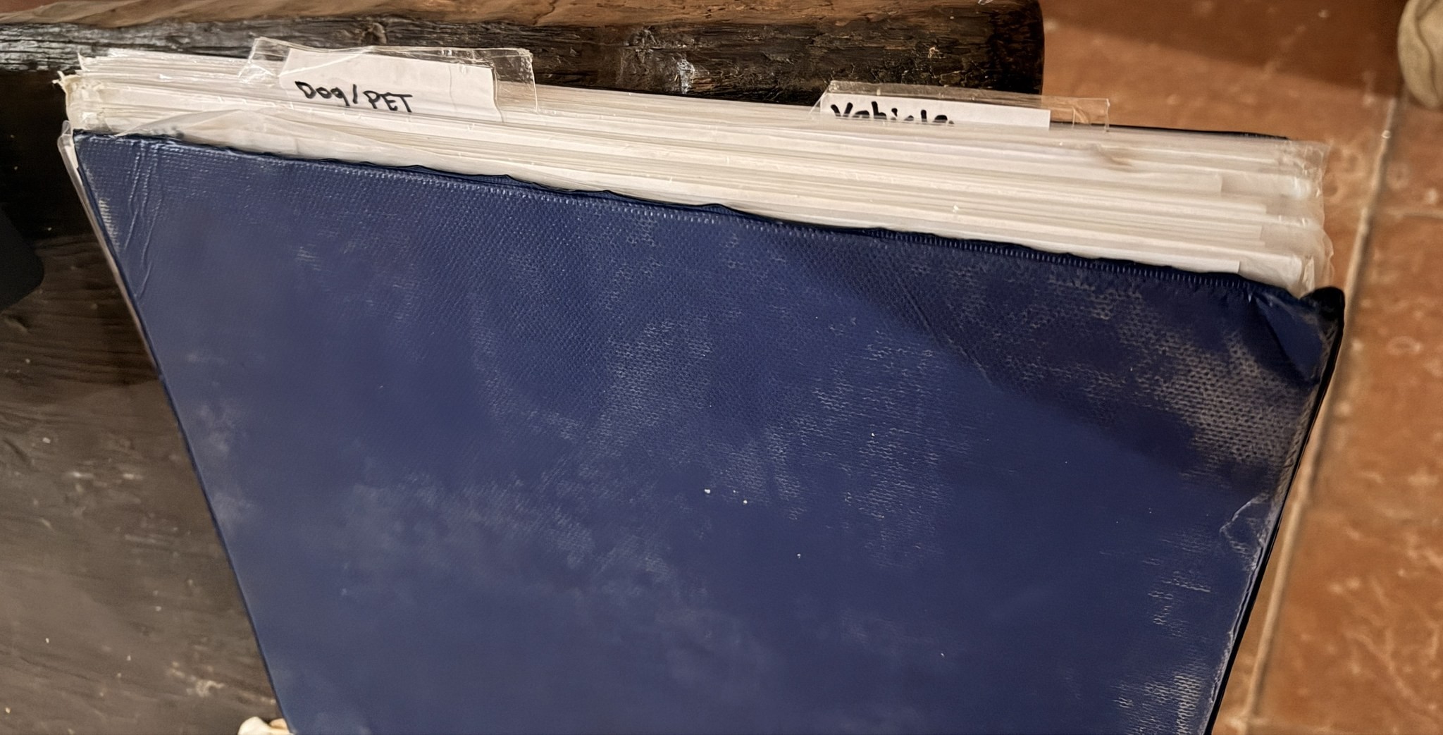 The folder of labelled document sleeves we carry, with tabs for the dog's paperwork and the vehicle permit.