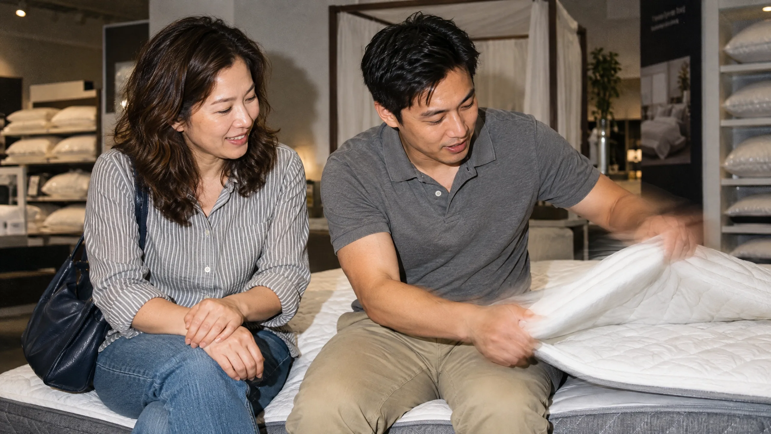 A couple testing a mattress together in a furniture store