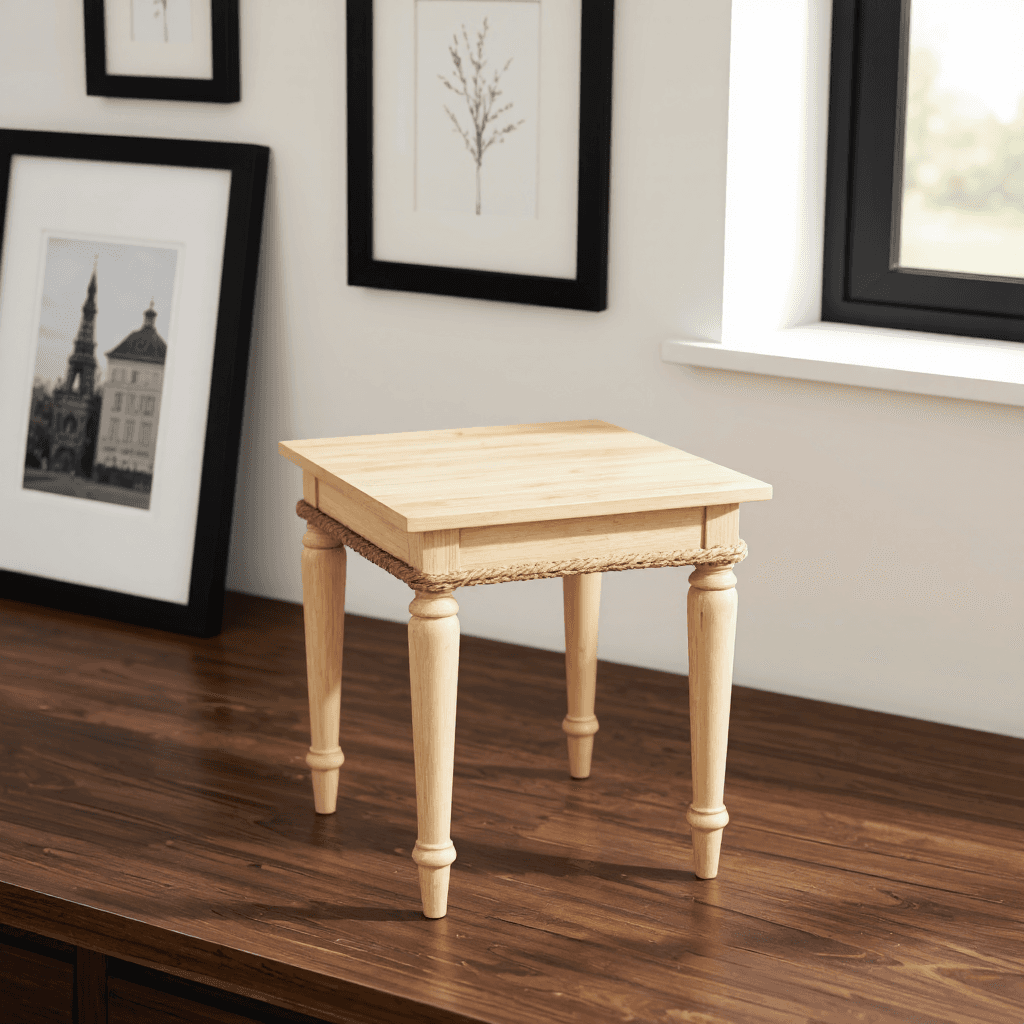 product photography of a small wooden table with a rope border, used for decorative purposes or as a display stand