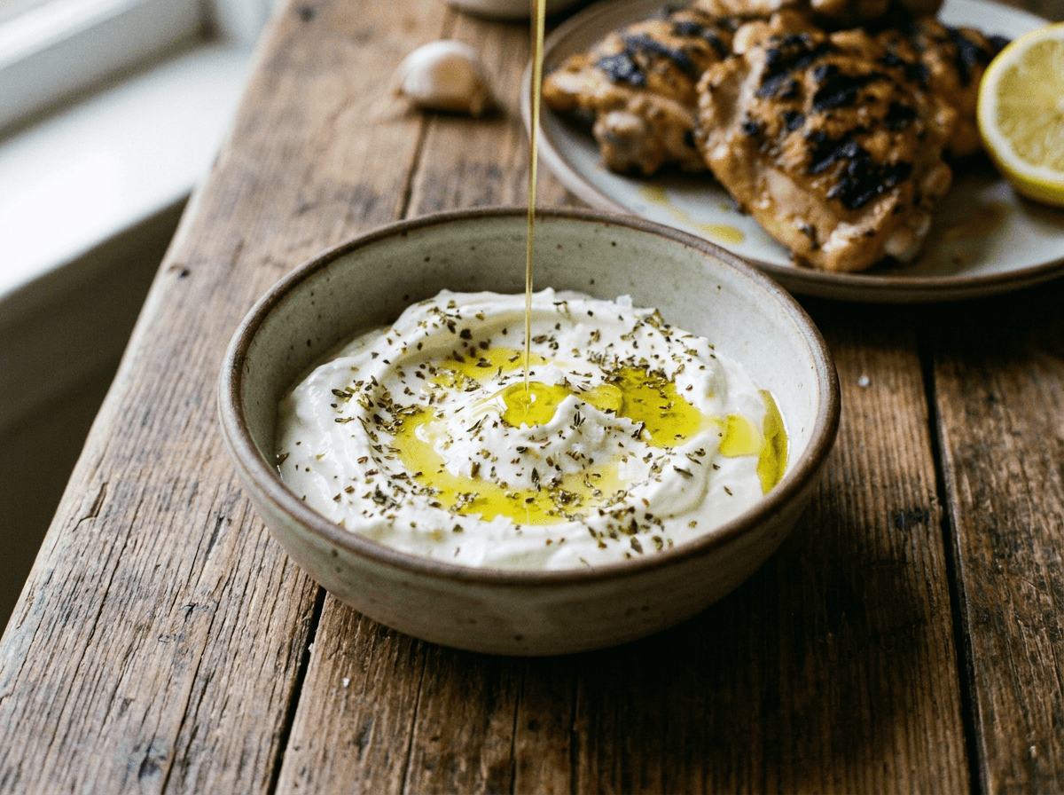 Greek yogurt drizzled with olive oil beside grilled chicken, protein foods