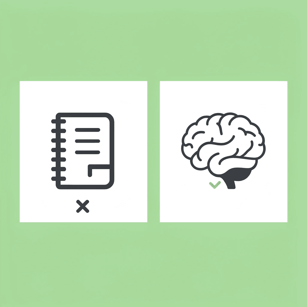Comparison showing passive note-taking leading to false learning on the left, active comprehension leading to true memory on the right