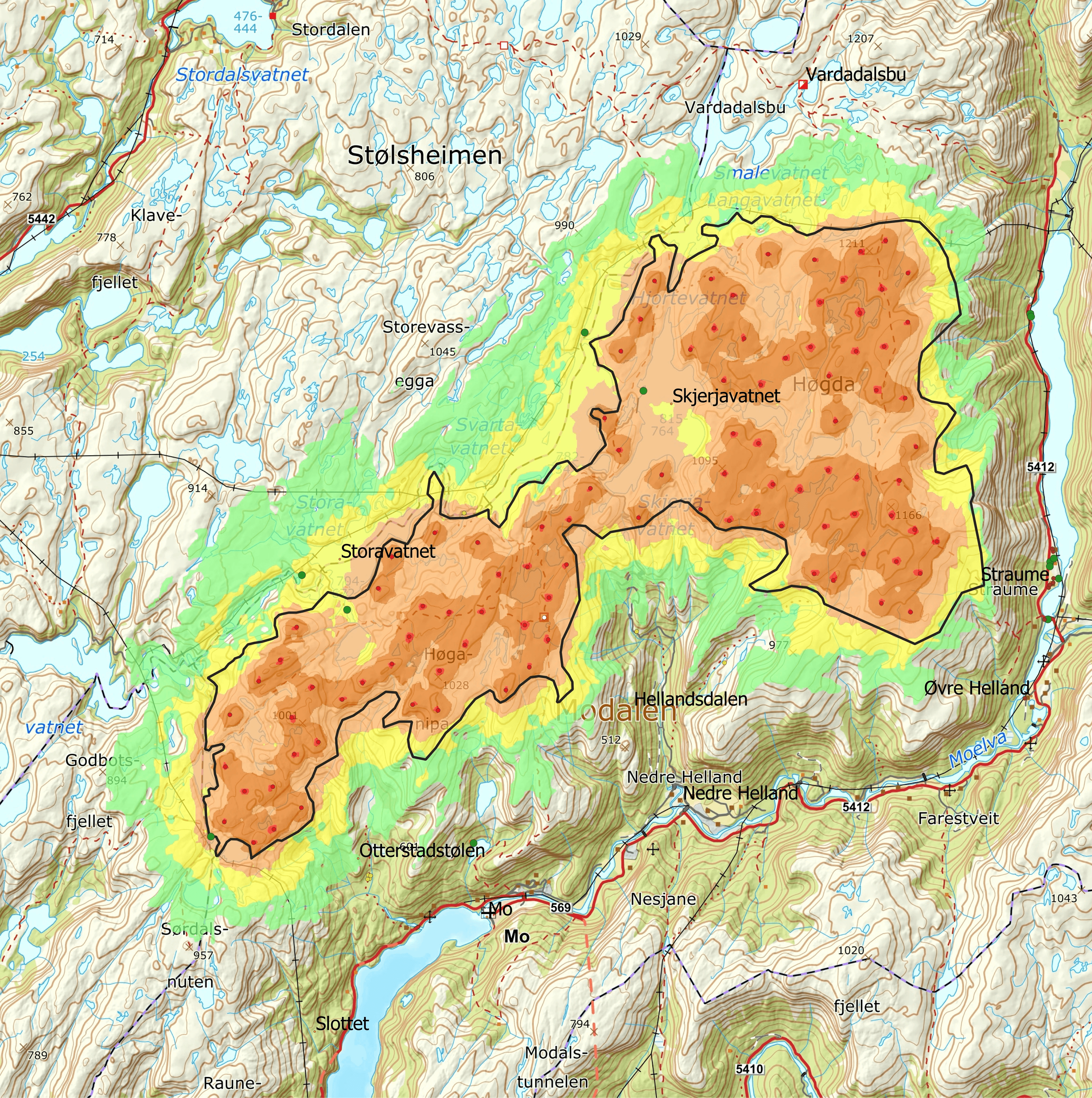 Støykart av vindpark på fjellet