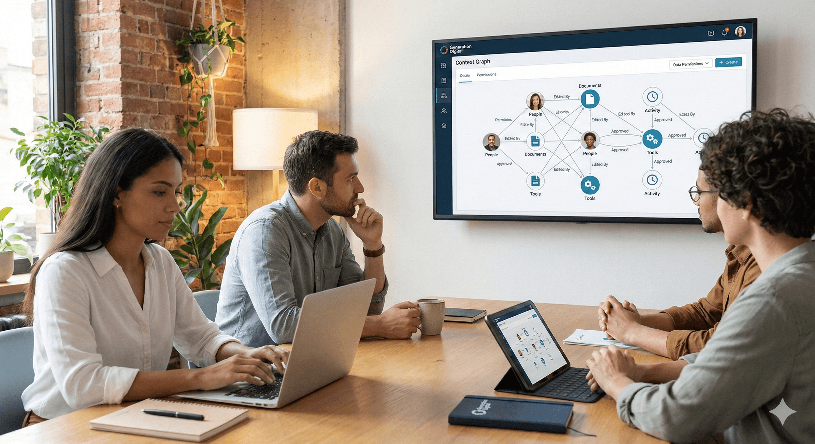 Office meeting with four people discussing a "Context Graph for Grounded Enterprise AI Agents" displayed on a large wall-mounted screen in a modern, brick-walled room, featuring laptops and a tablet on the table.