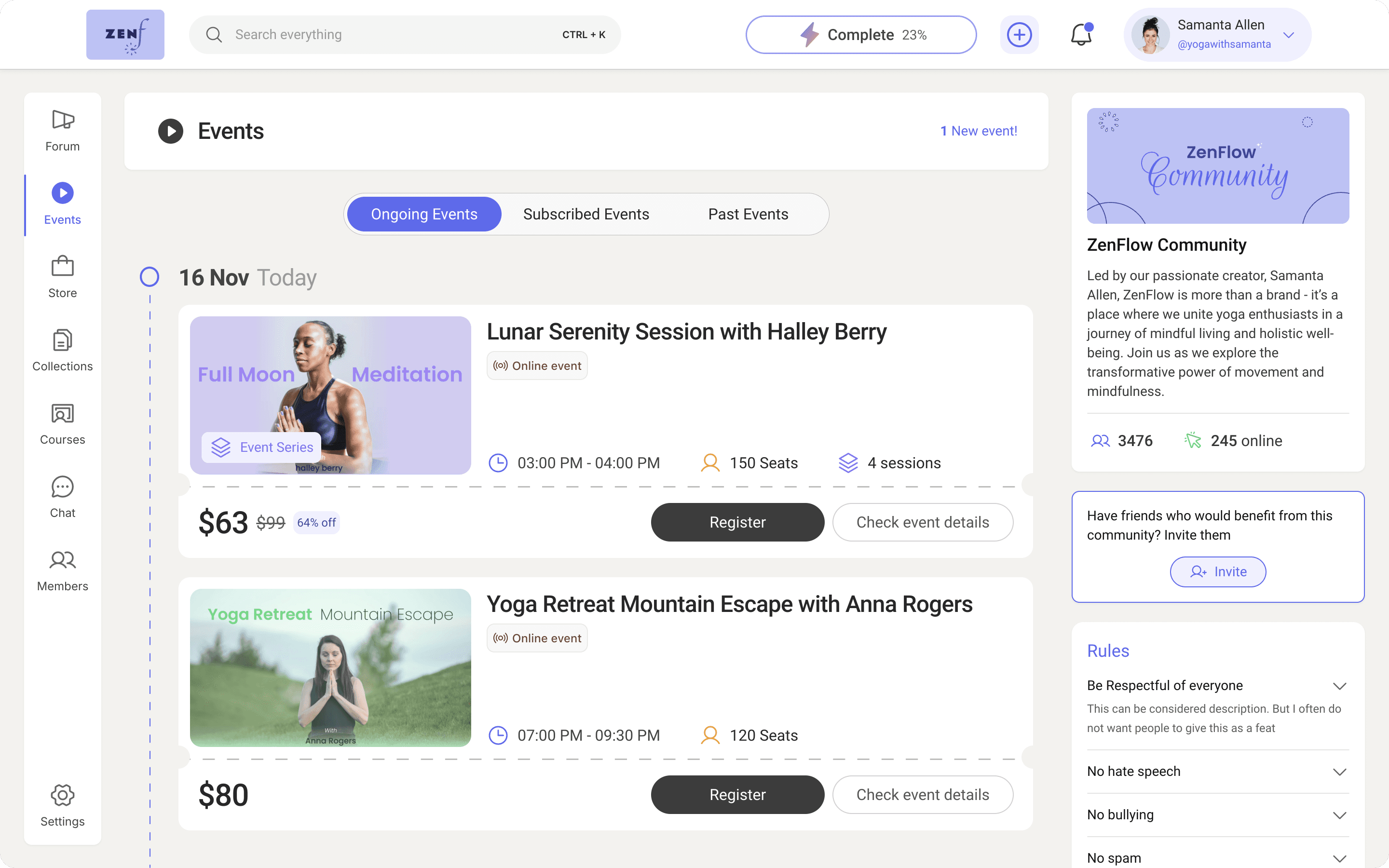 Events tab of a yoga coaching community created using Wylo, designed to foster engagement and deeper member connections.