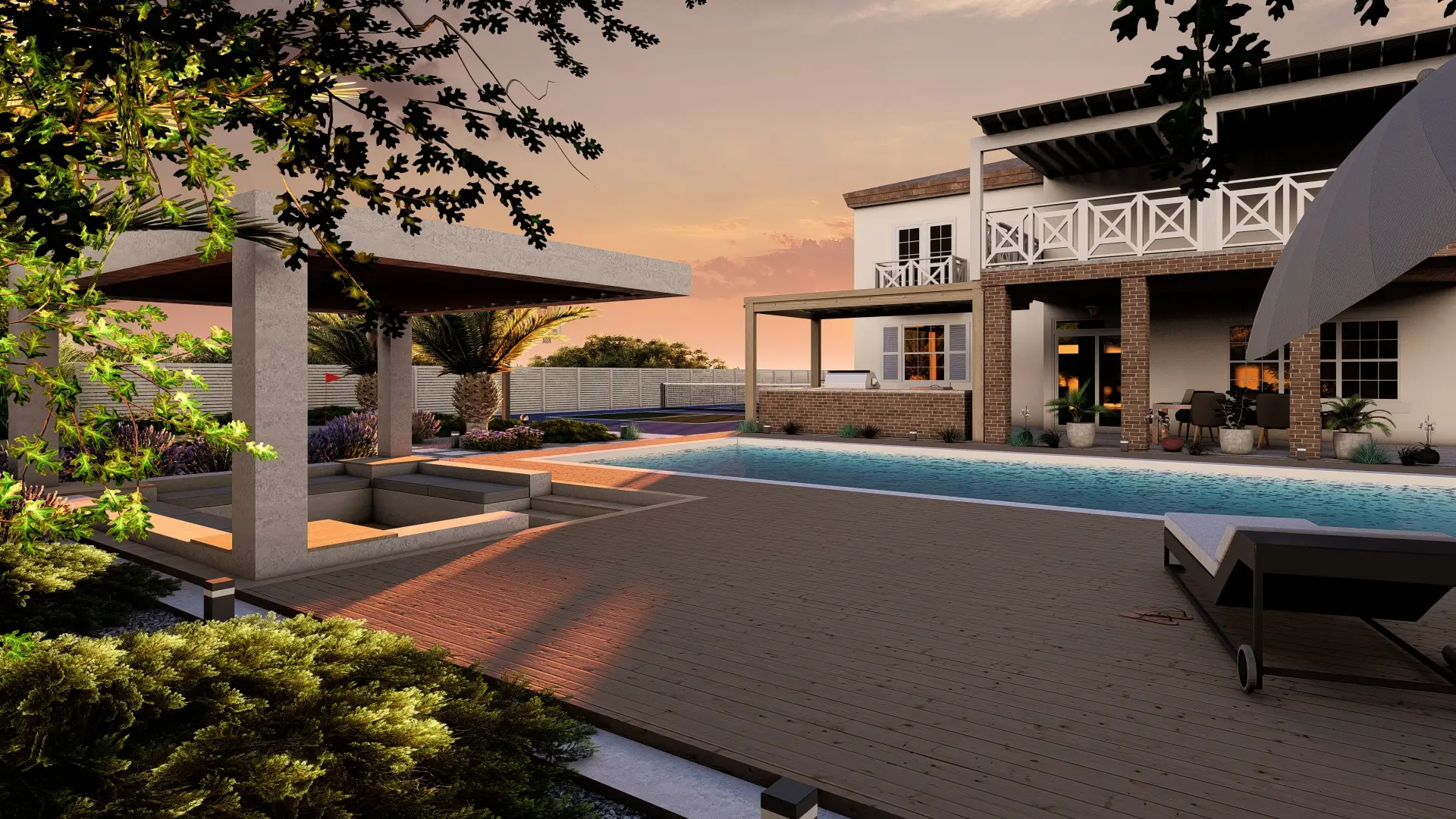 Serene pool stretching to a sunset horizon, modern house to the right, and a minimalistic pergola to the left.