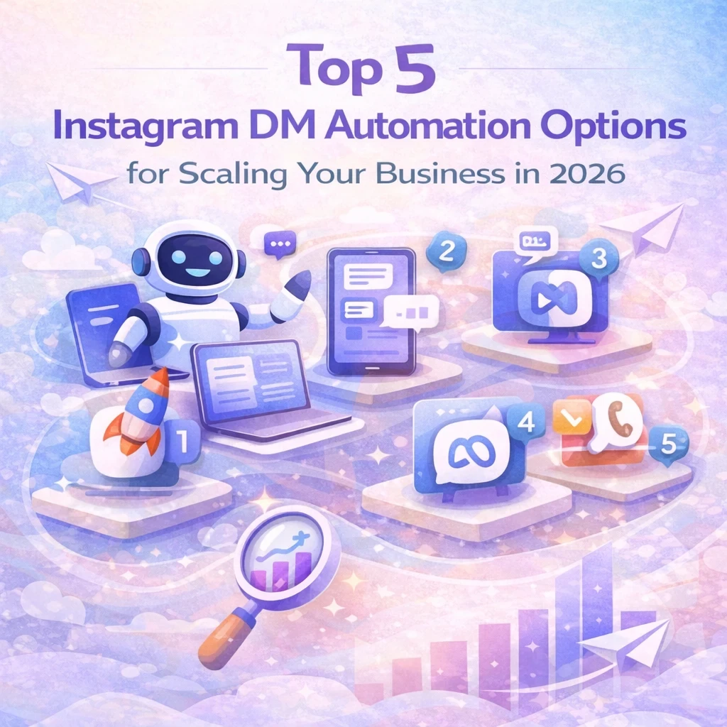 Blog header illustration for “Top 5 Instagram DM Automation Options for Scaling Your Business in 2026,” featuring a chatbot assistant, numbered automation tools, Instagram DM interfaces, analytics icons, and a modern light UI design on a soft pastel background.
