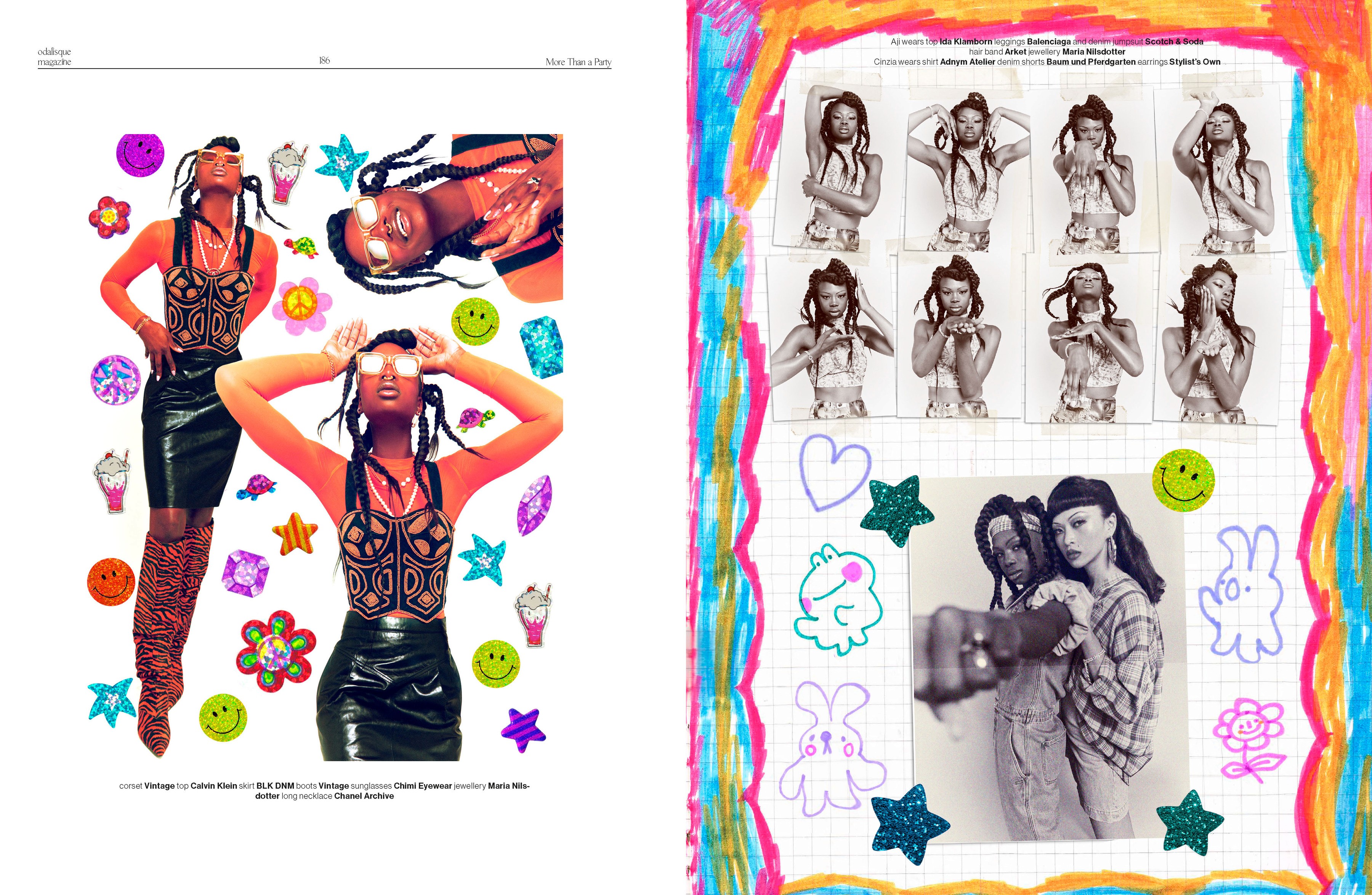 Layered portraits, drawings, stickers and a colourful hand-drawn frame.