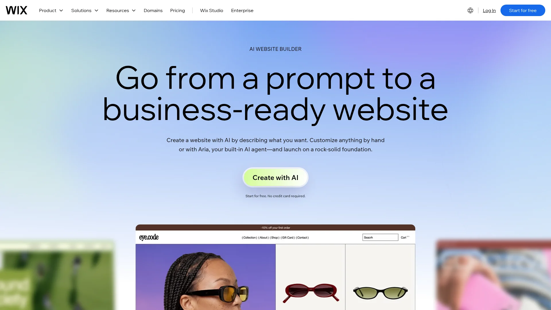 Wix AI website builder landing page showing prompt-to-website generation