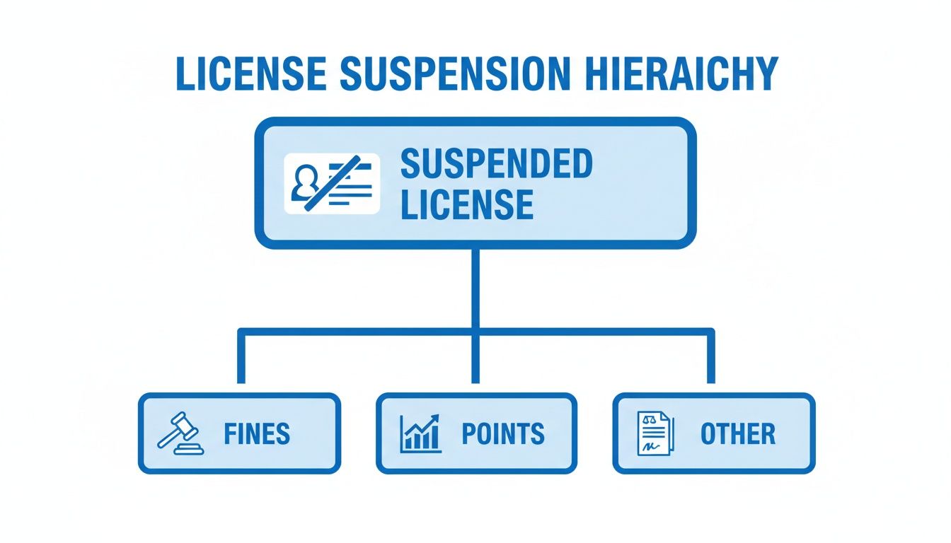 A hierarchy chart showing a suspended license leading to fines, points, or other consequences.