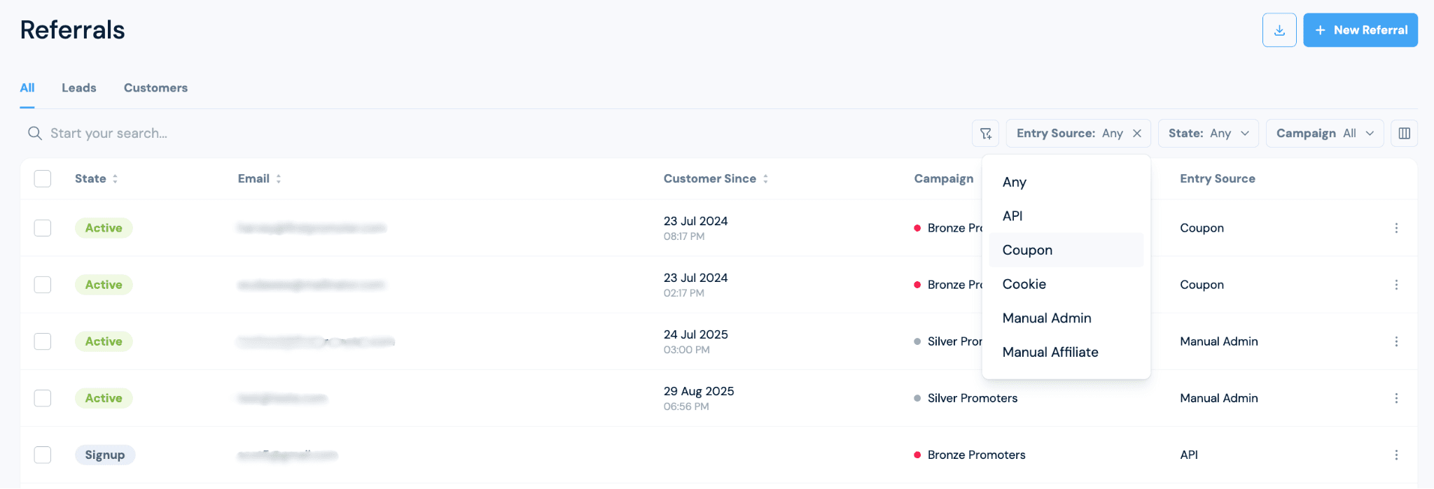 FirstPromoter referral list with traffic source columns and campaign attribution settings, including cookie window and first-click vs last-click model.