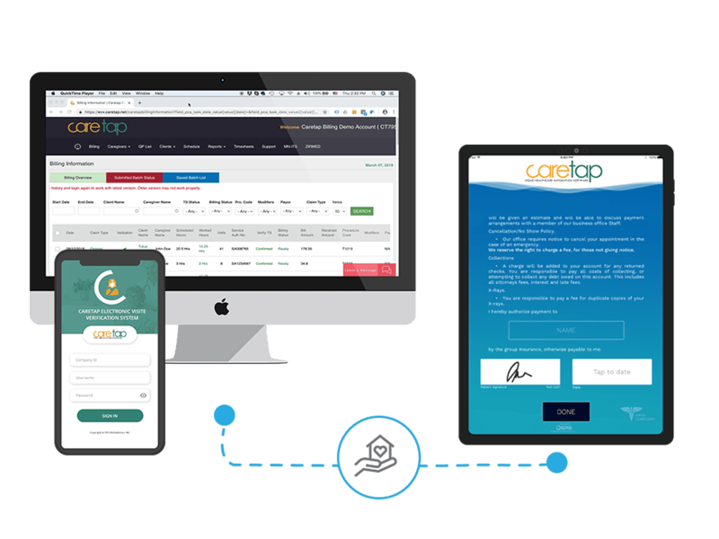 Mockup of Caretap services on desktop, tablet, and mobile devices.