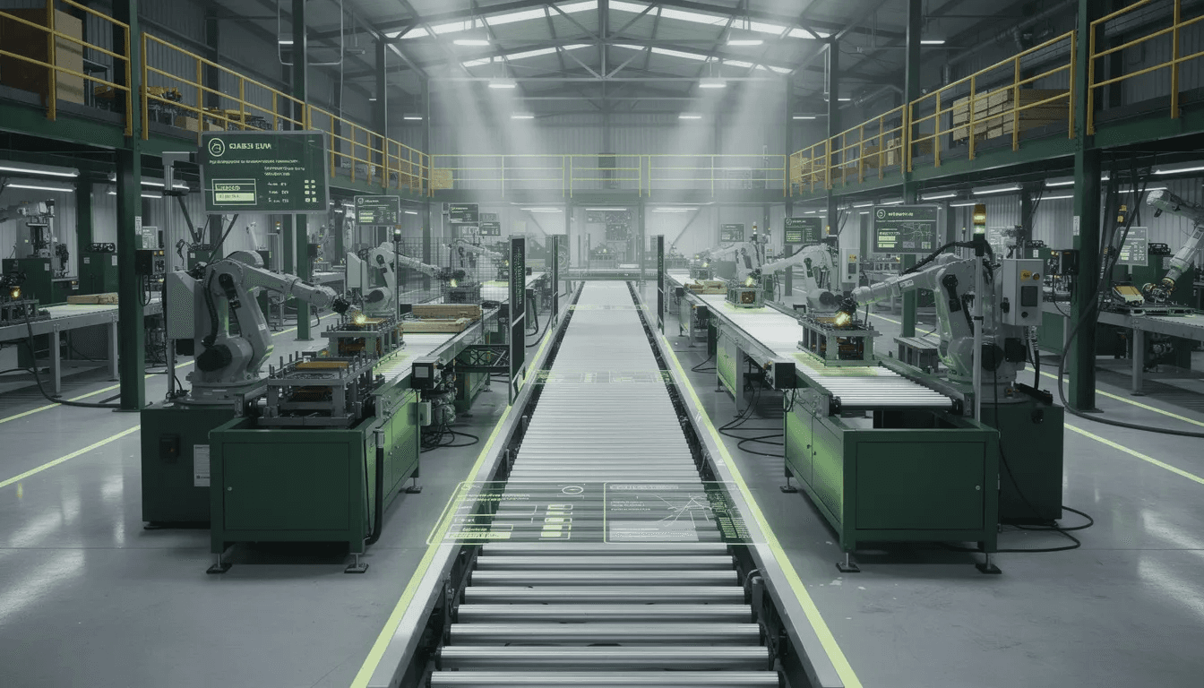 L'image montre un sol d'usine moderne, avec des lignes d'assemblage robotiques et des machines automatisées en pleine opération, illustrant l'innovation et l'efficacité dans le secteur du business. Les couleurs principales, vert forêt et lime acide, ajoutent une touche dynamique à cet environnement industriel, essentiel pour les entrepreneurs et les startups.