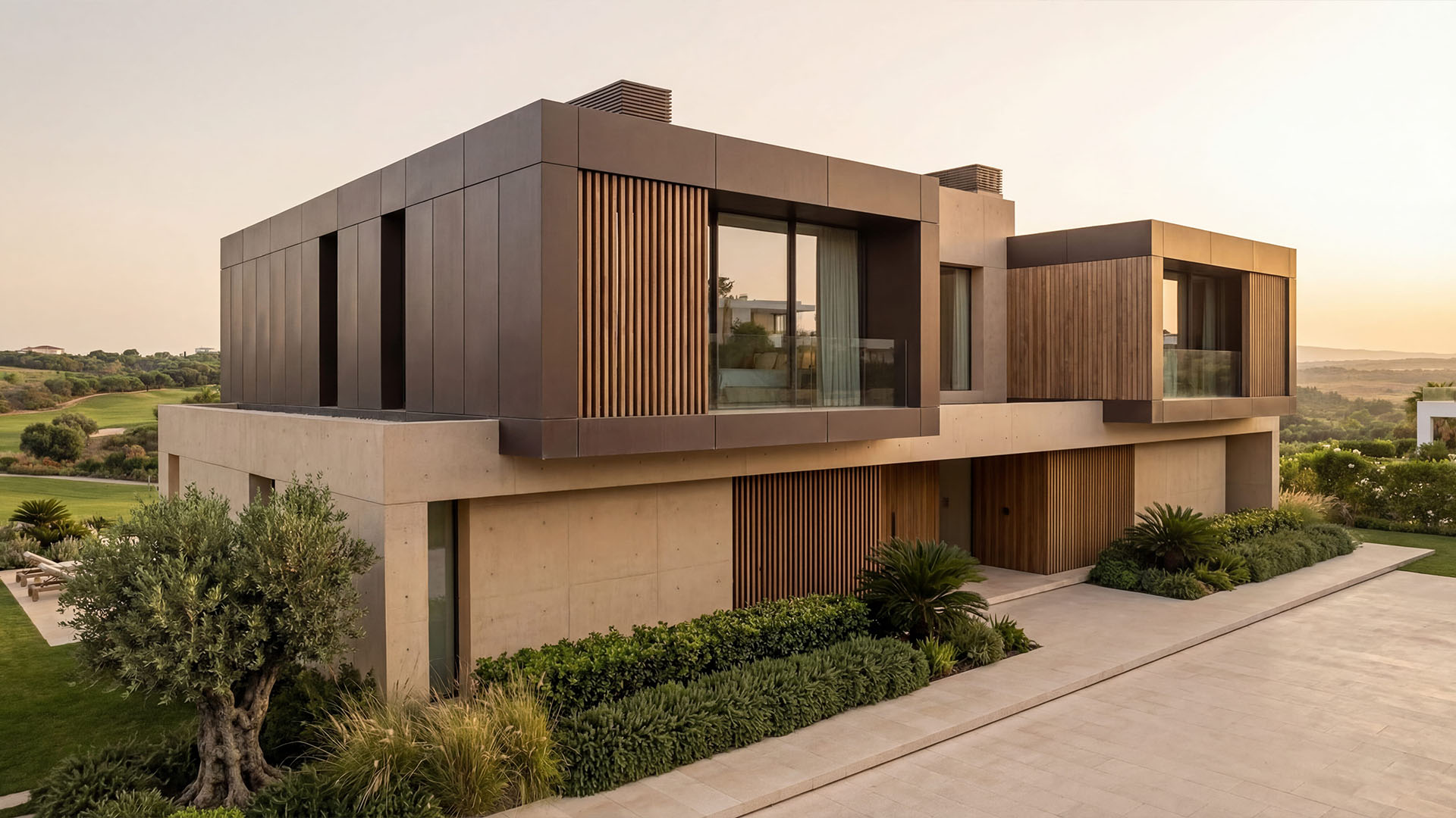 Architectural detail of modern Marbella villa with clean lines and natural materials