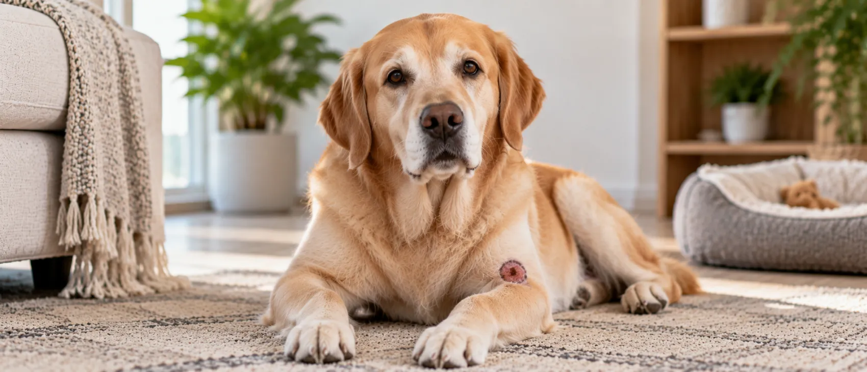 A Golden Retriever lying on a rug with a raised, reddish skin lesion visible on its side.