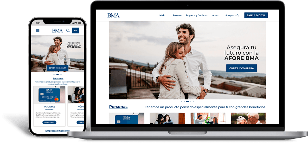 Maqueta de alta fidelidad del proyecto 'Banco Mexicano del Ahorro'; presenta el diseño responsivo del portal bancario en versiones para escritorio y móvil, destacando una interfaz segura, limpia y orientada a la gestión financiera del usuario.