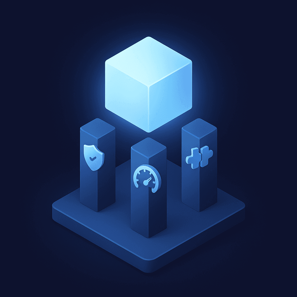 Isometric pillars of security, performance, and integration supporting an abstract AEO platform cube.