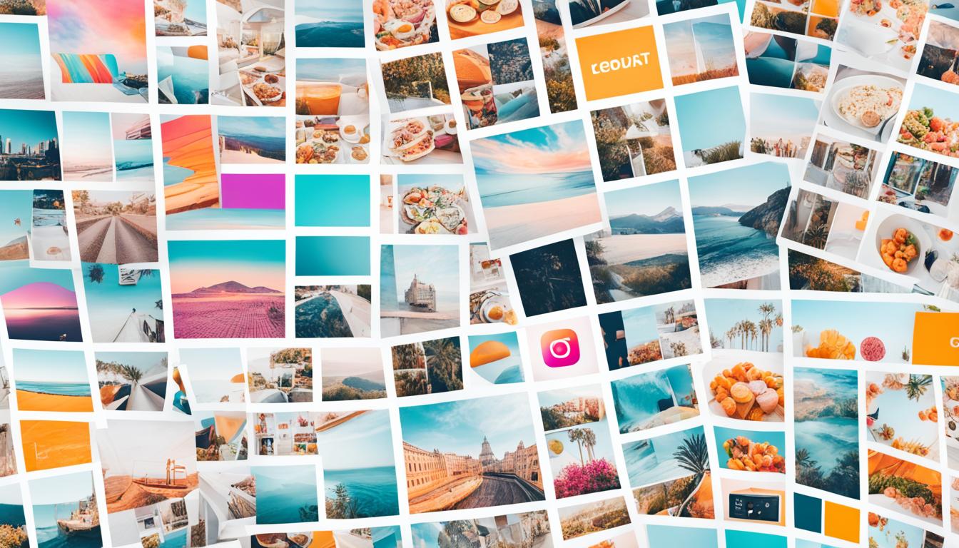 Create an image depicting the various types of Instagram content, including photos, videos, carousels, IGTV, Reels, and Stories. Use visually distinct shapes or icons to represent each type of content and arrange them in a clear and organized manner. Choose a bright and vibrant color scheme to make the image visually appealing and eye-catching.