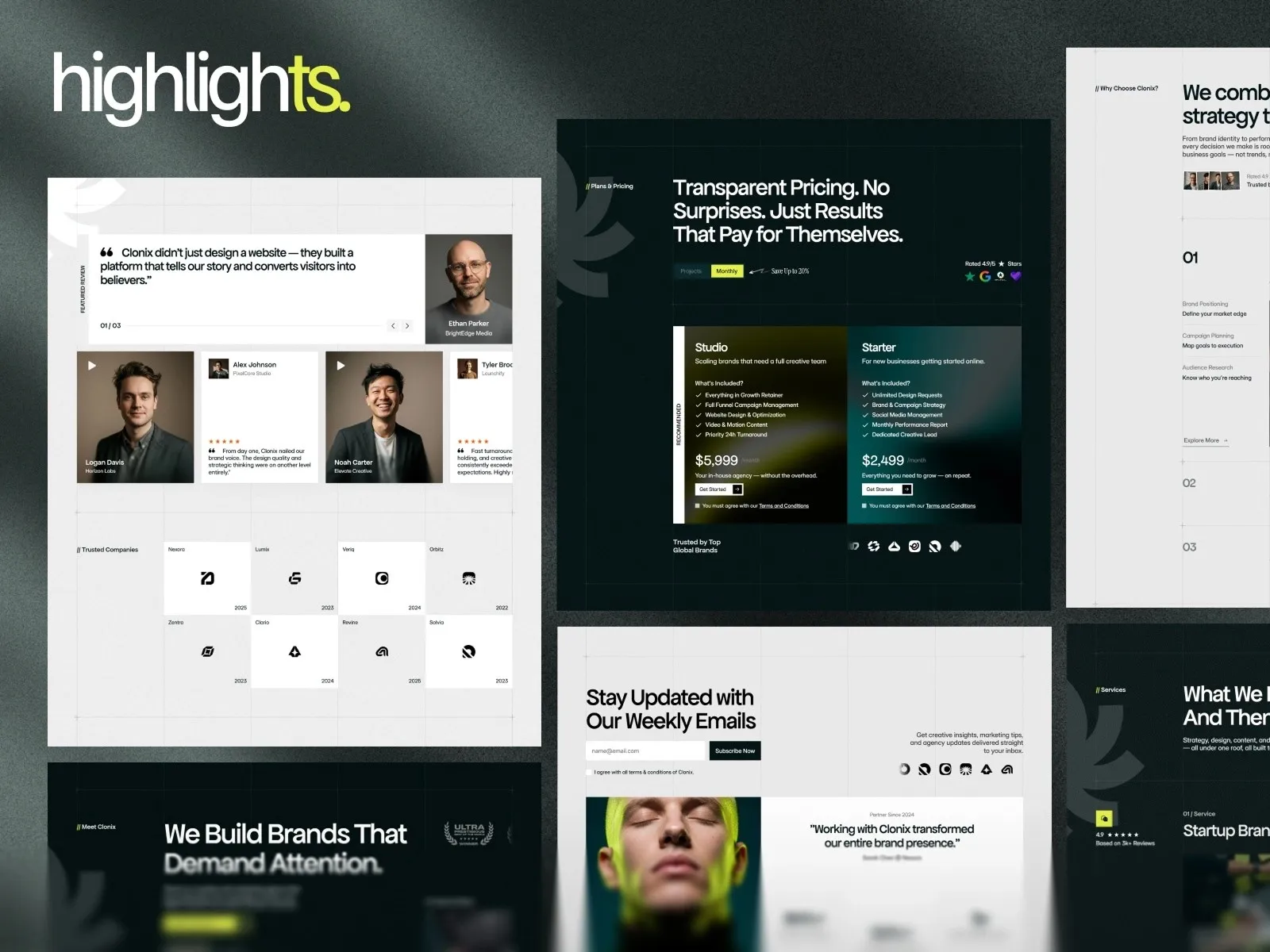 Website design mockup showcasing testimonials and pricing plans.
