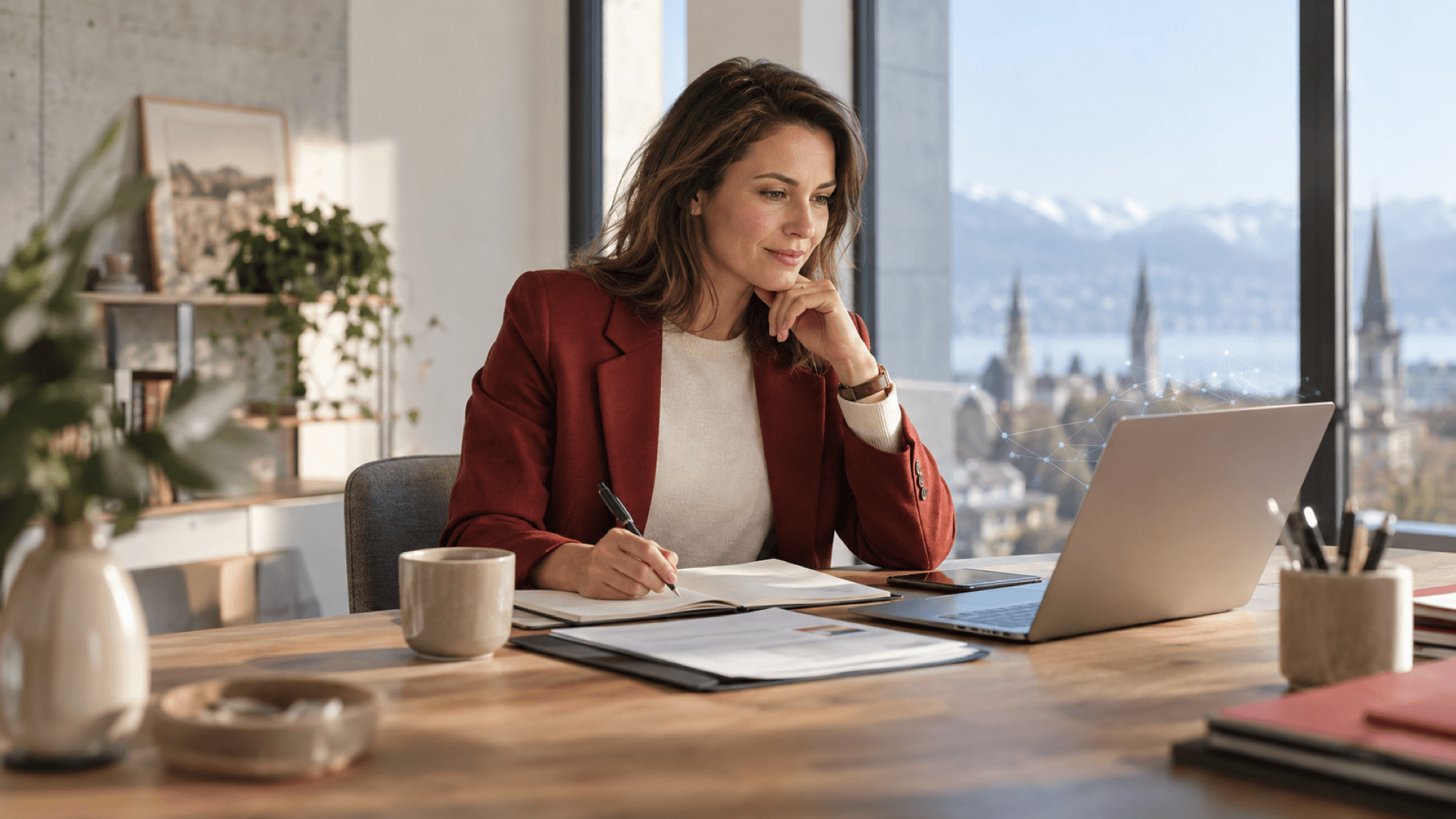 Frau im roten Blazer arbeitet an einem Schreibtisch mit Laptop vor einem Panoramafenster.