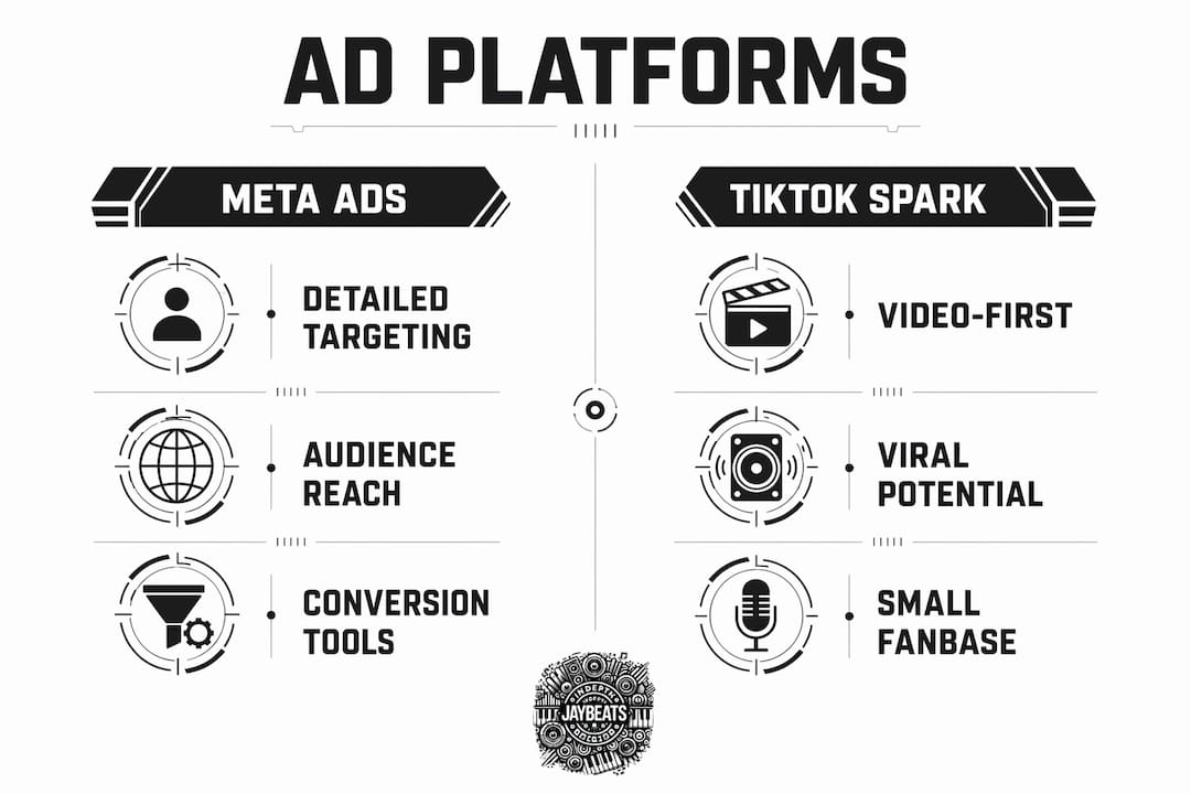 Infographic comparing Meta Ads and TikTok Spark for rap music promotion