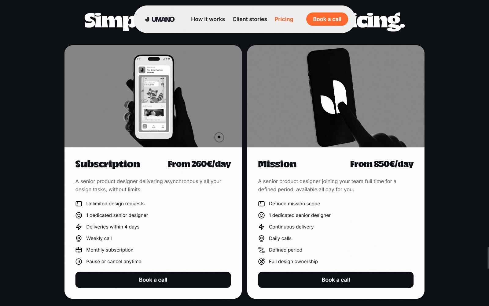 Two pricing options: "Subscription" from 260€/day with unlimited design, "Mission" from 850€/day with tailored scope. Black and white theme.