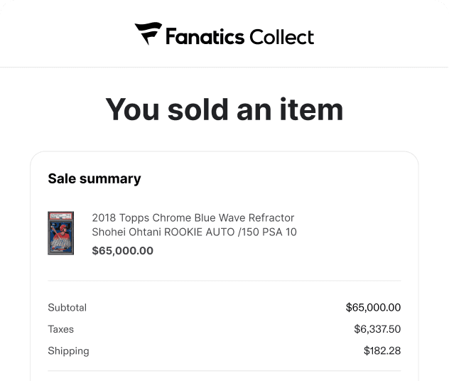 ealer payout notification showing sale summary and earnings from sold trading card inventory