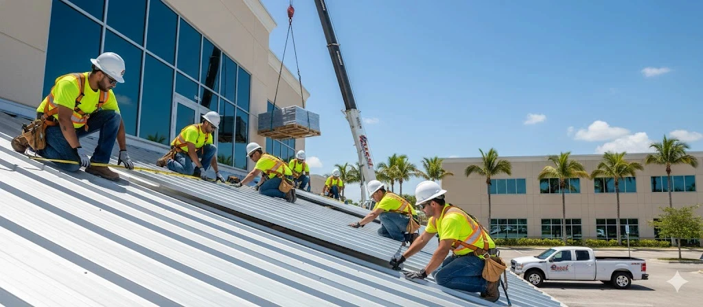 commercial roof installation, prominently featuring Quest's red, black, and white branding on worker attire and equipment.