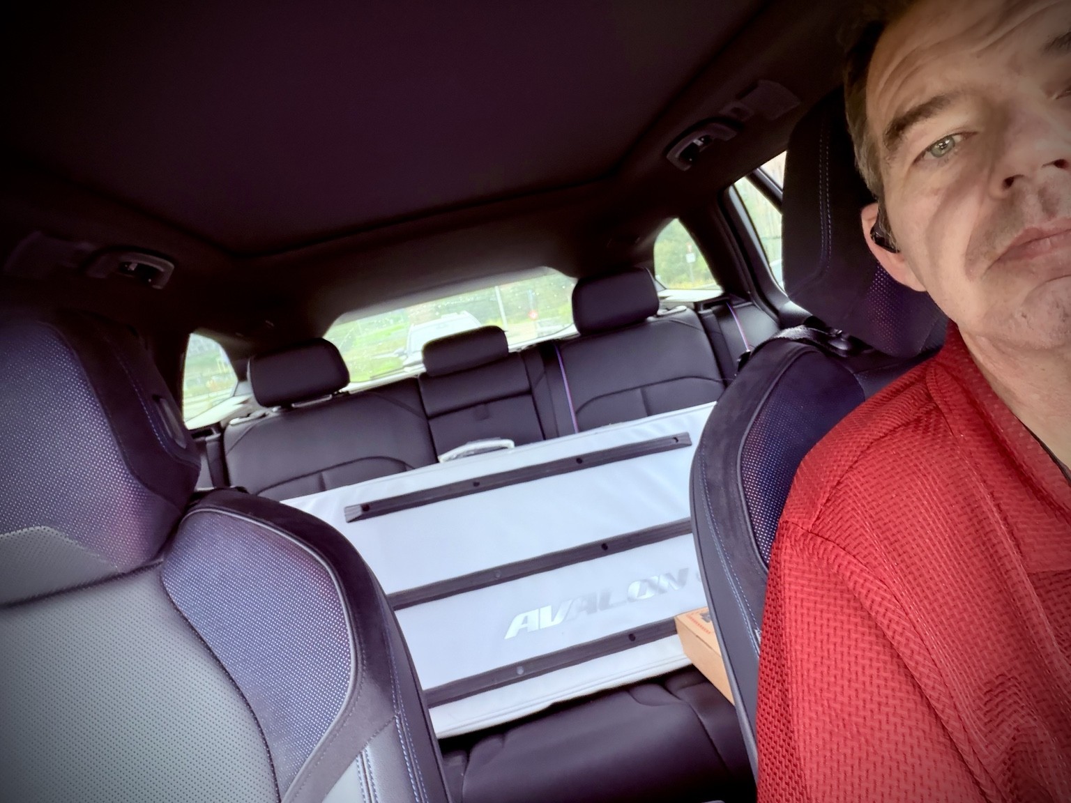 Dominiek Demey wearing a red jumper in a car, with a white AVALON cover on the back seat.