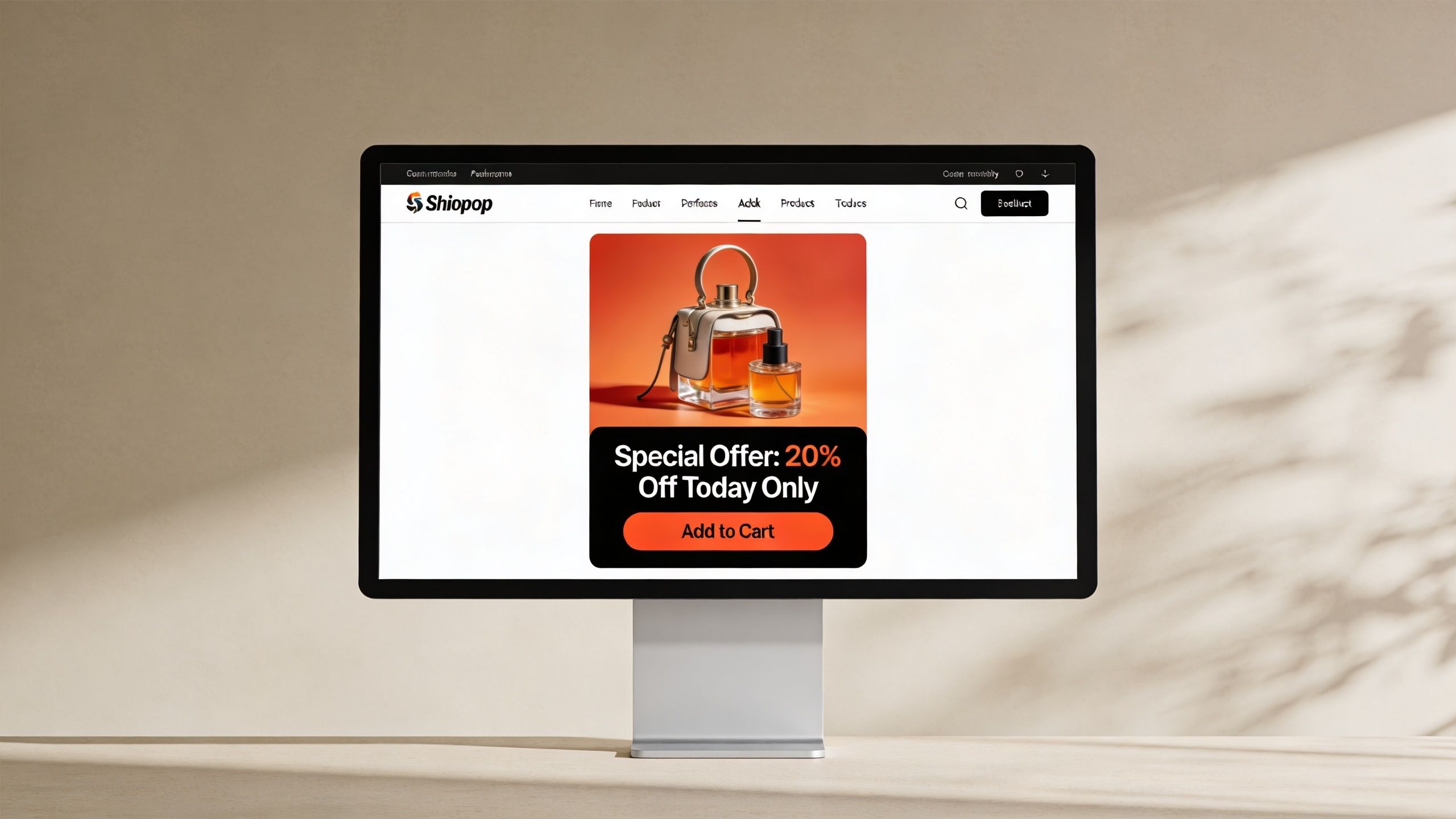 A computer screen displaying a Shiopop ecommerce website featuring a special offer with a 20 percent discount.