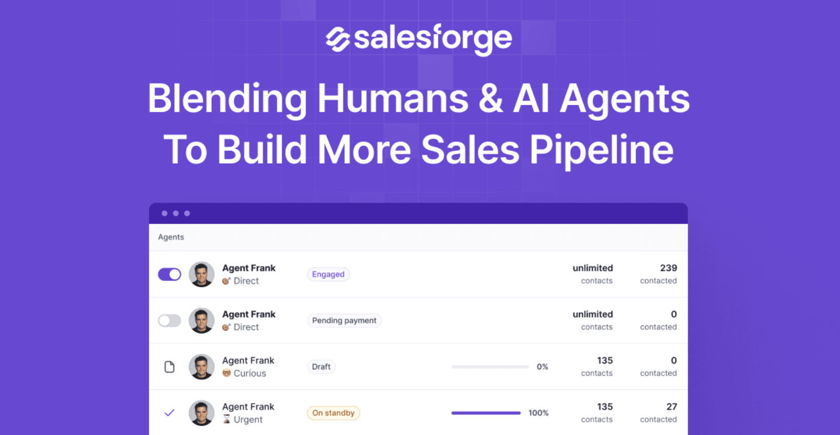 Salesforge interface listing several Agent Frank instances with their contact volume and campaign status
