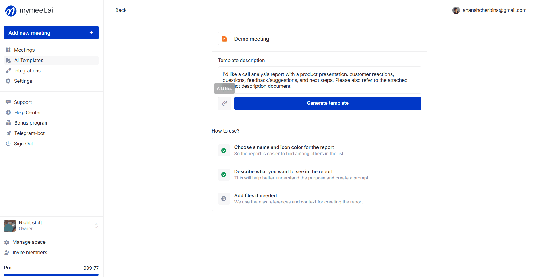 form with description filled in ("I want a report for analyzing product demo calls…") and the paperclip button highlighted