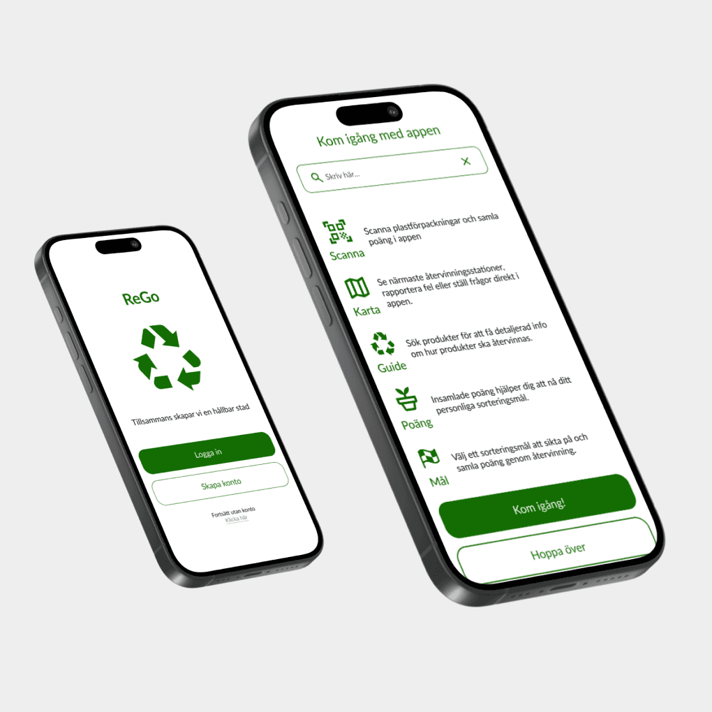 Two smartphones displaying the ReGo recycling app. The left screen shows the login and account creation page with a green recycling logo. The right screen displays an onboarding page with icons and descriptions for features like scanning, map, recycling guide, points, and goals.