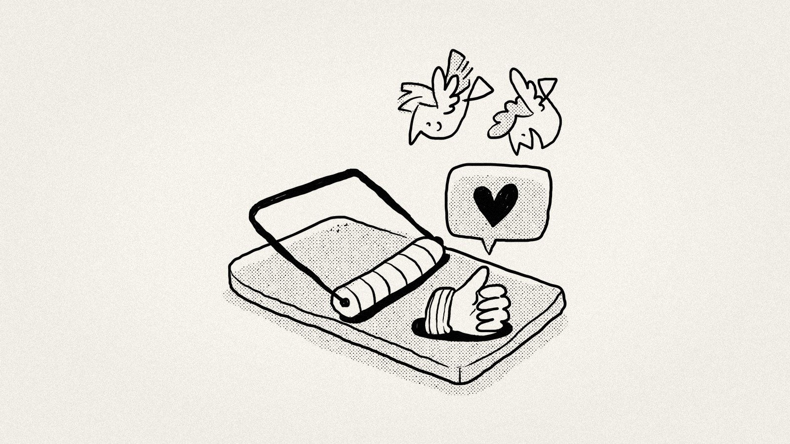 social media mouse trap of retweets and likes. a thumbs up in a mouse trap, with two birds flying overhead
