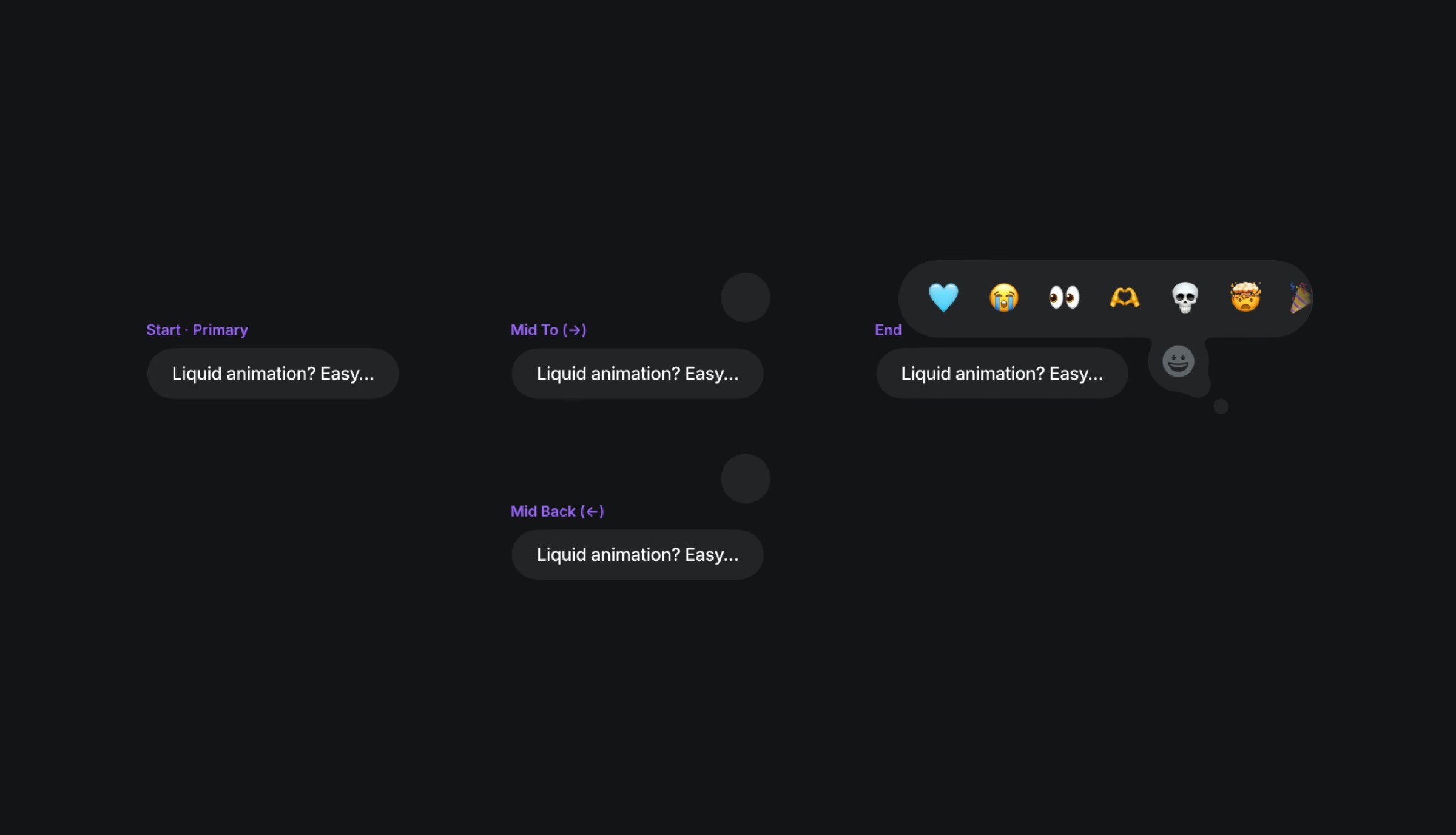 Diagram showing a message bubble transition with the text 'Liquid animation? Easy...' and various emoji reactions from start to end stages