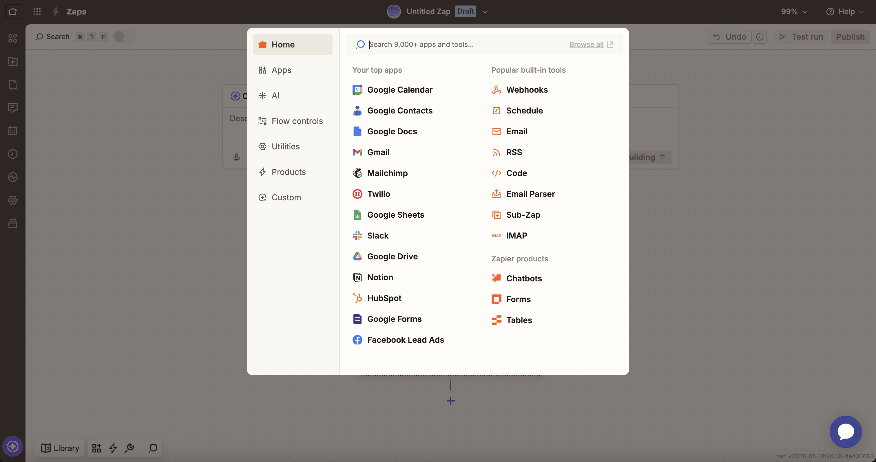 Buscador de apps en el bloque trigger de Zapier