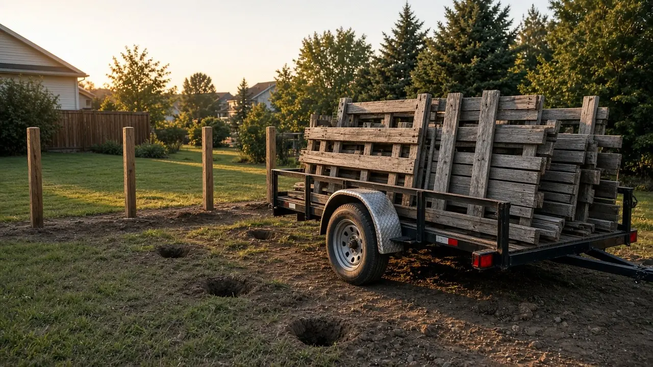 Old weathered fence panels on a trailer after removal, with old posts still in the ground