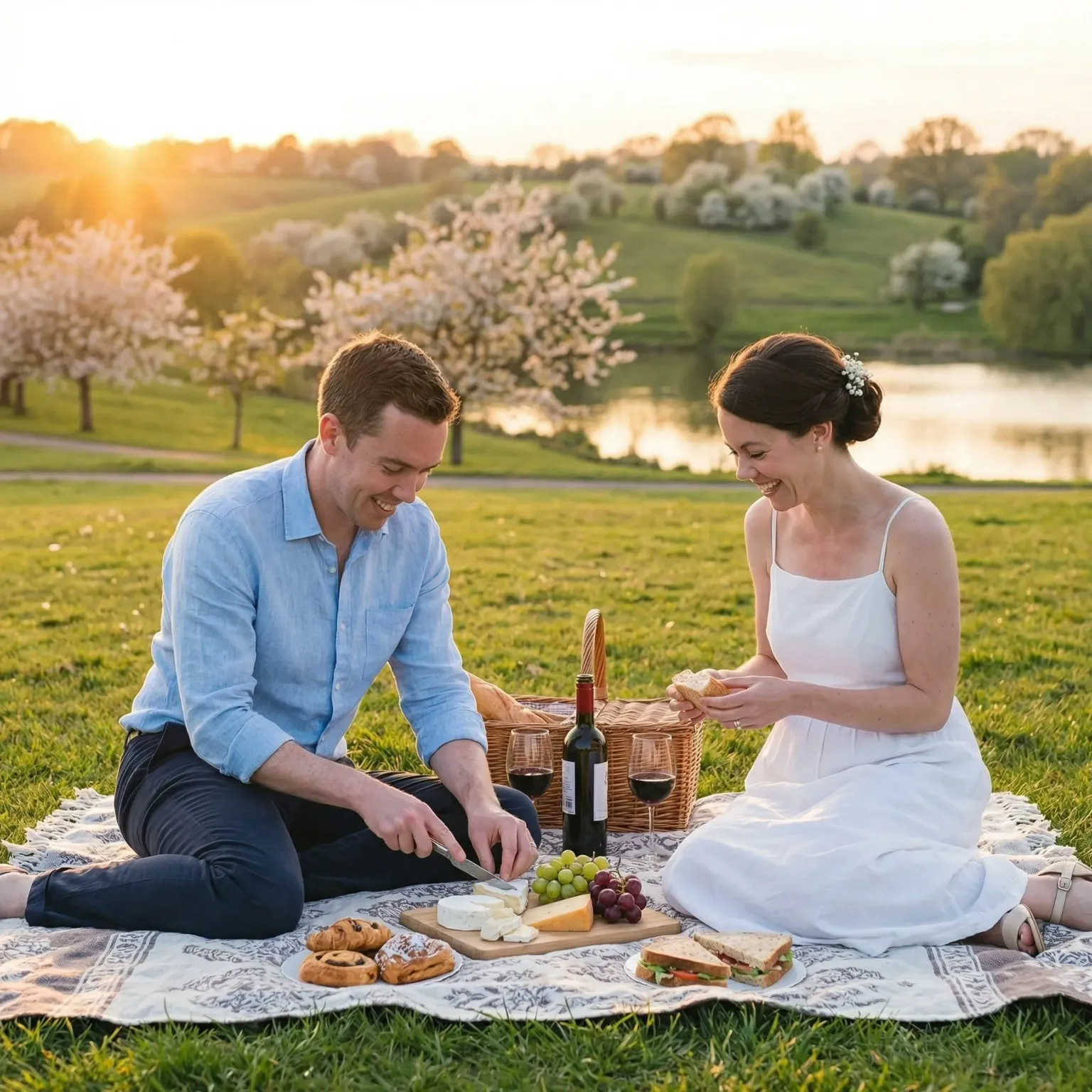 Couple enjoying a picnic with wine and cheese in a park by a lake.