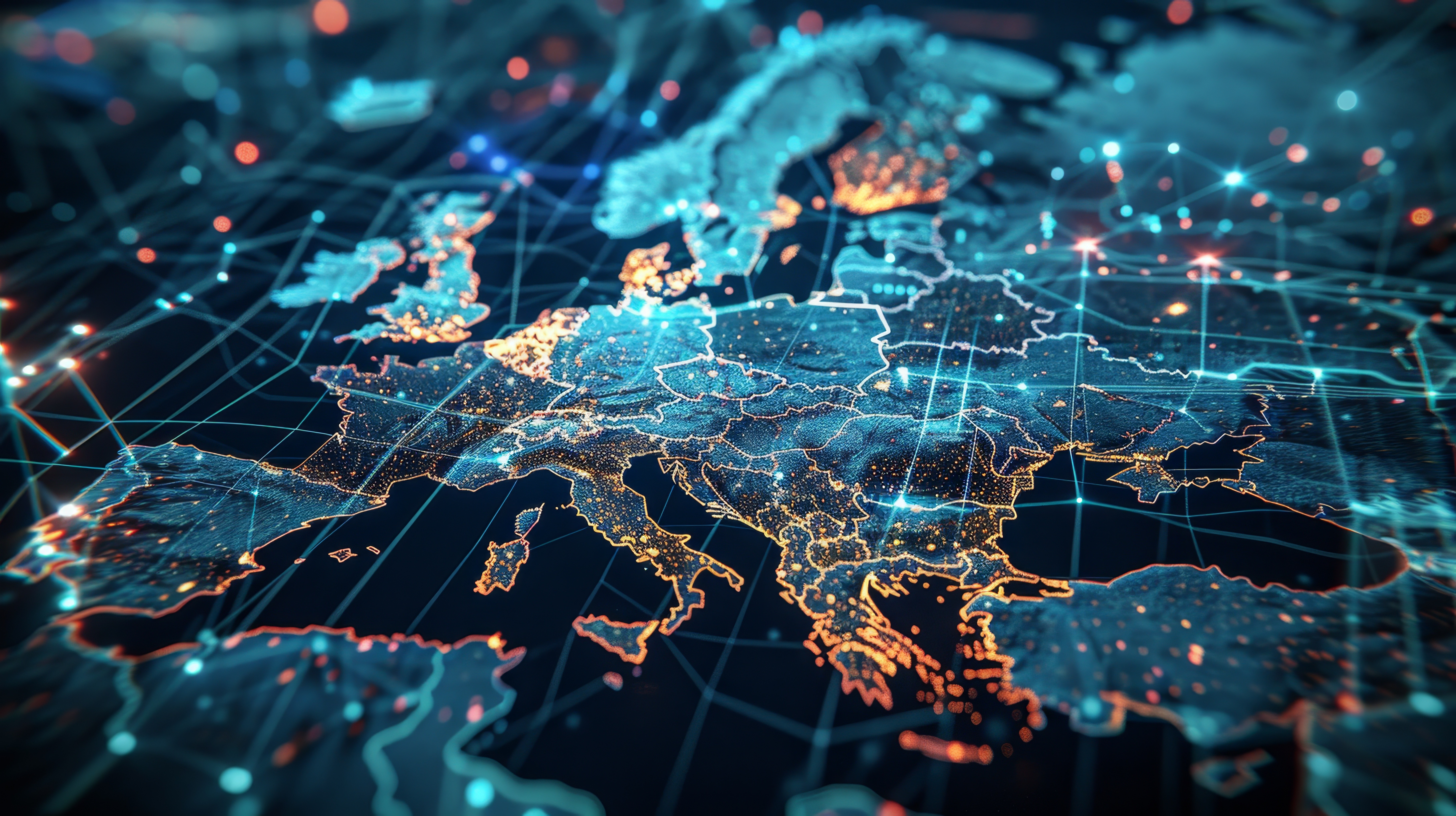 Digital map of Europe glowing with network connections and data points, symbolizing connectivity and technology.