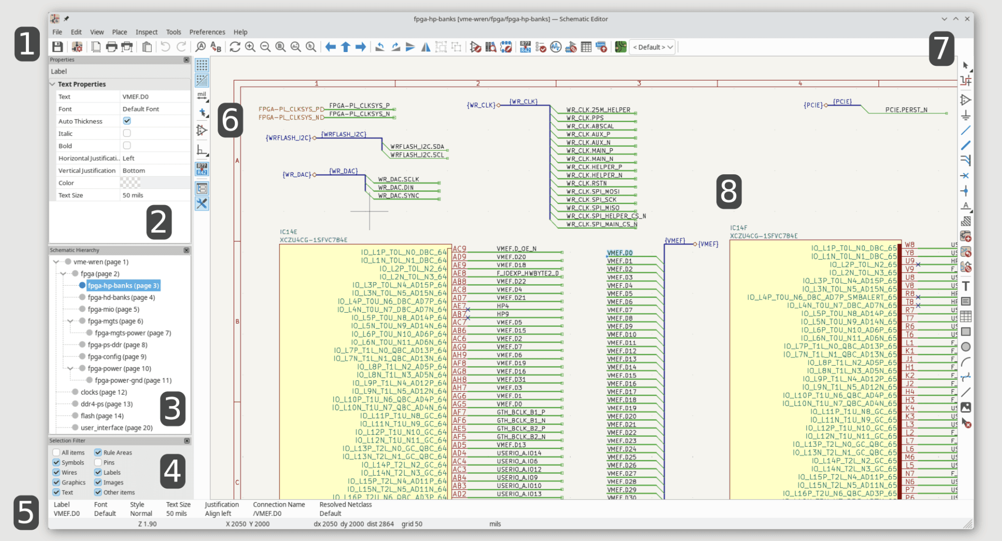 KiCad Schematic Editor interface displaying a circuit schematic and editing panels.